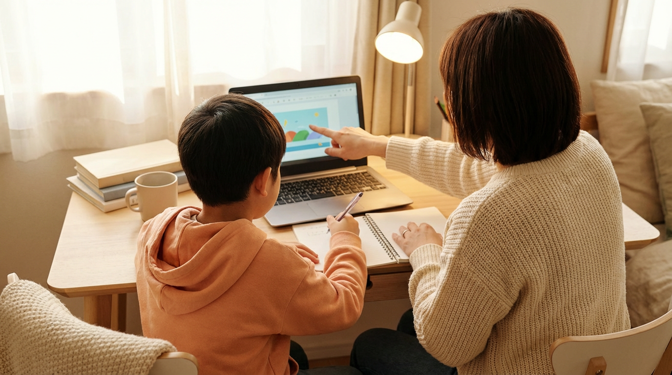 Parent rassuré accompagnant son enfant